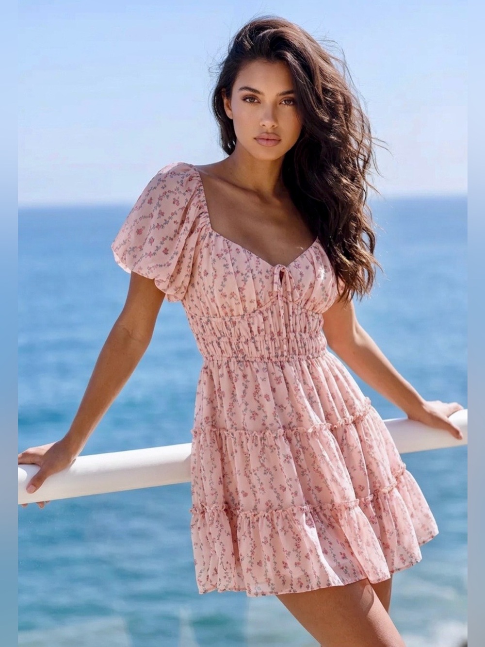 Pink Floral Off-Shoulder Mini Dress w/Tie Front Lace Trim & Tiered Skirt M